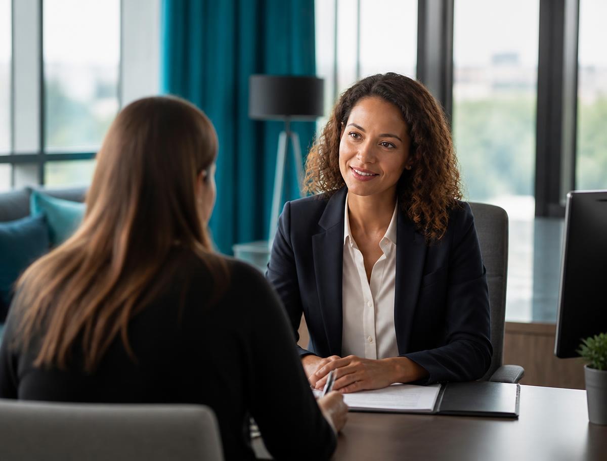 A housing disrepair advisor discussing a claim with a tenant in a bright office