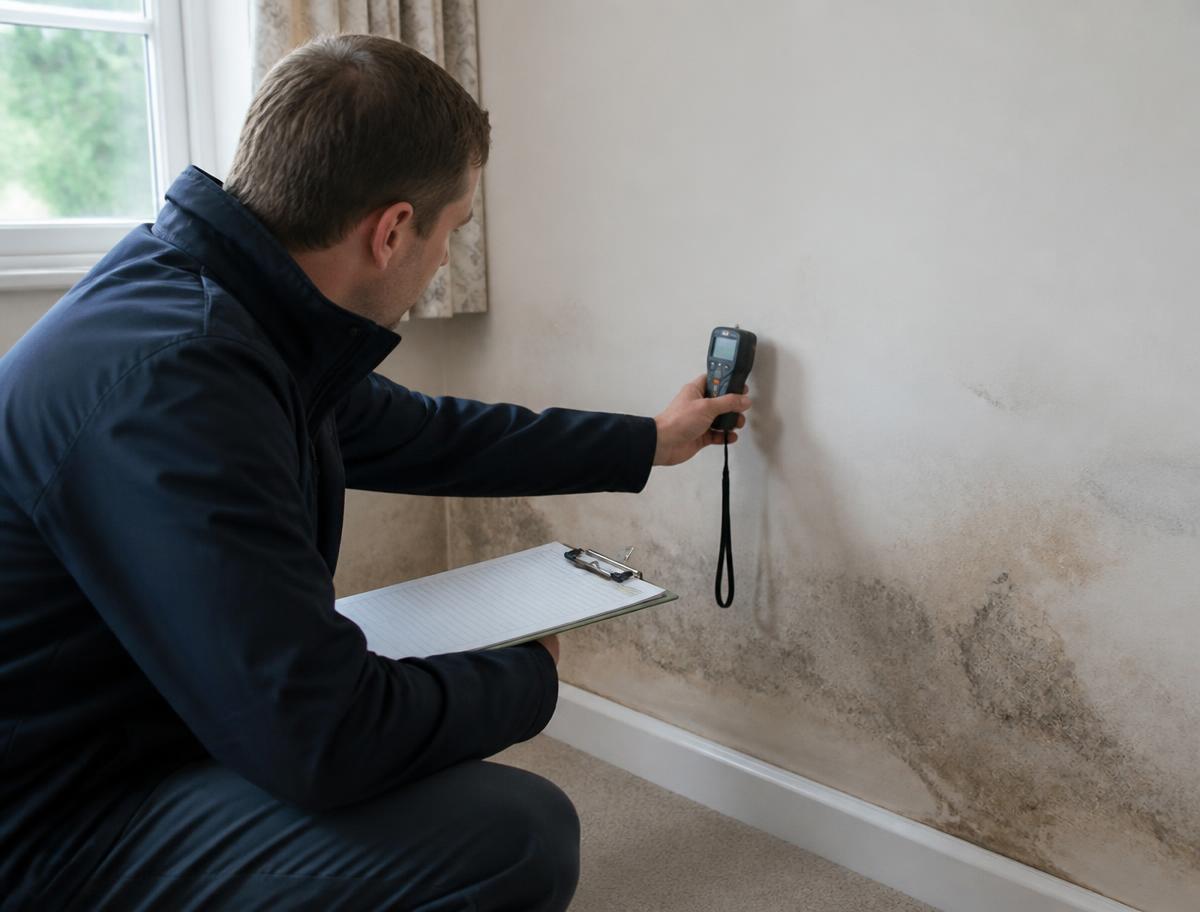 An independent surveyor taking moisture readings from a damp wall in a rented home